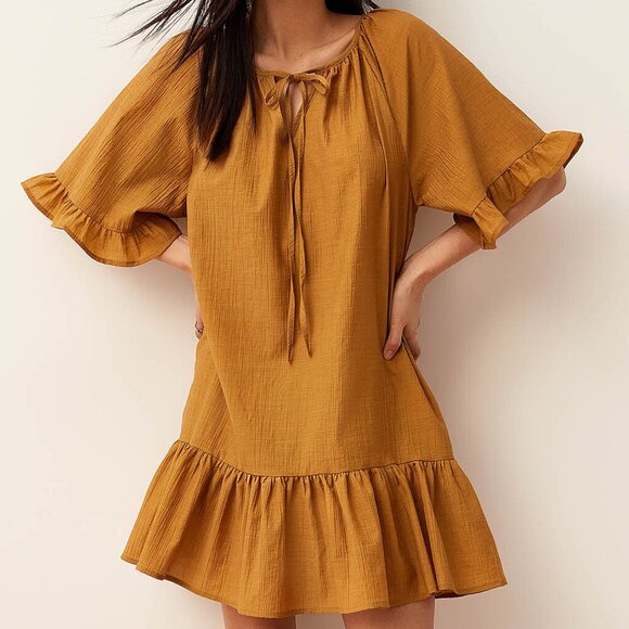 Icone Dresses & Skirts - NWT Bronze/Amber Crinkled texture ruffle-trim minidress